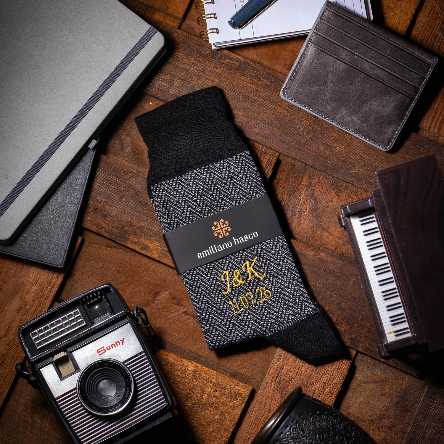 Black herringbone pattern bamboo dress socks